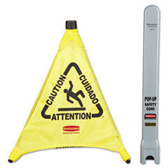Rubbermaid Multilingual Pop-Up Safety Cone, 3-Sided, Fabric, 21 x 21 x 20, Yellow (RCP9S00YEL)