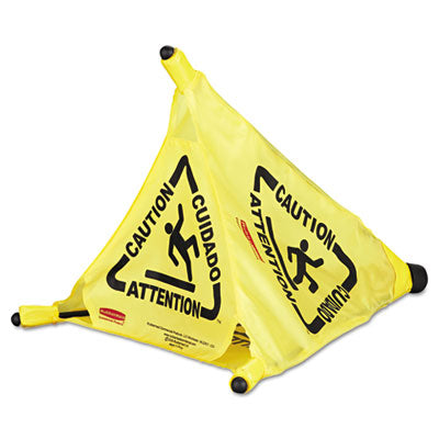 Rubbermaid Multilingual Pop-Up Safety Cone, 3-Sided, Fabric, 21 x 21 x 20, Yellow (RCP9S00YEL)