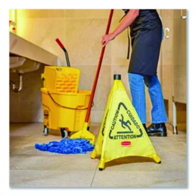 Rubbermaid Multilingual Pop-Up Safety Cone, 3-Sided, Fabric, 21 x 21 x 20, Yellow (RCP9S00YEL)