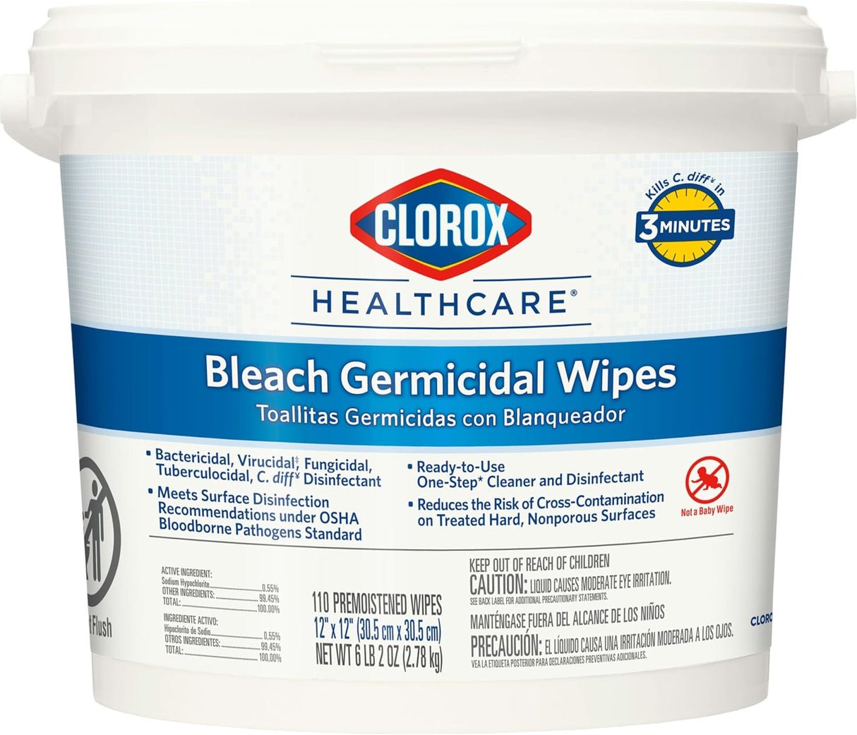 Clorox 30358 Healthcare Bleach Germicidal Wipes, 110 Count Container, 2 Case