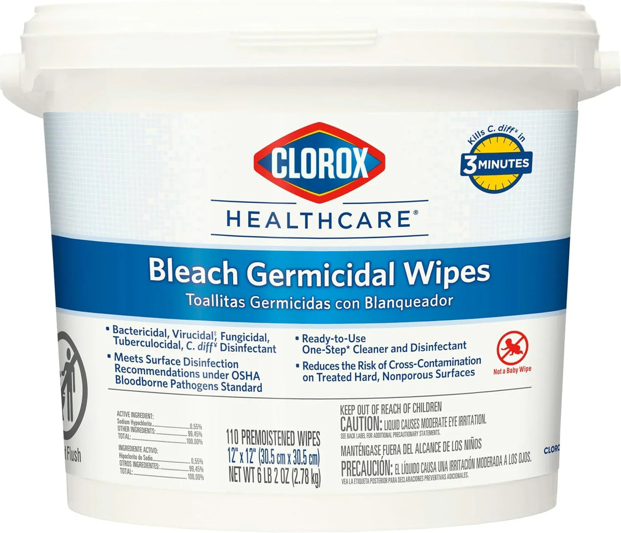 Clorox 30358 Healthcare Bleach Germicidal Wipes, 110 Count Container, 2 Case - Janitorial Superstore