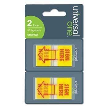 Universal® Arrow Page Flags, "Sign Here", Yellow/Red, 2 Dispensers of 50 Flags/Pack - Janitorial Superstore