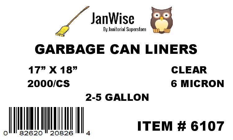 JanWise 17" x 18" Clear Garbage Bag Liners, .6 Mic, 2-5 Gal, 2,000 Case - Janitorial Superstore