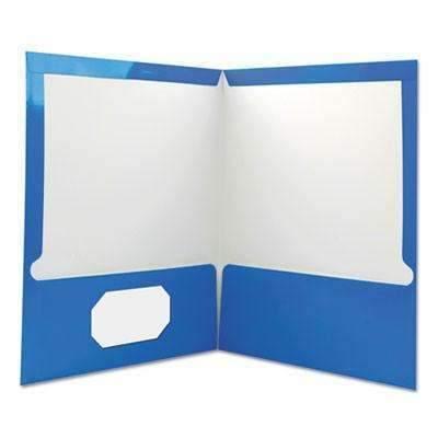 Universal® Laminated Two-Pocket Folder, Cardboard Paper, Blue, 11 x 8 1/2, 25/Box - Janitorial Superstore