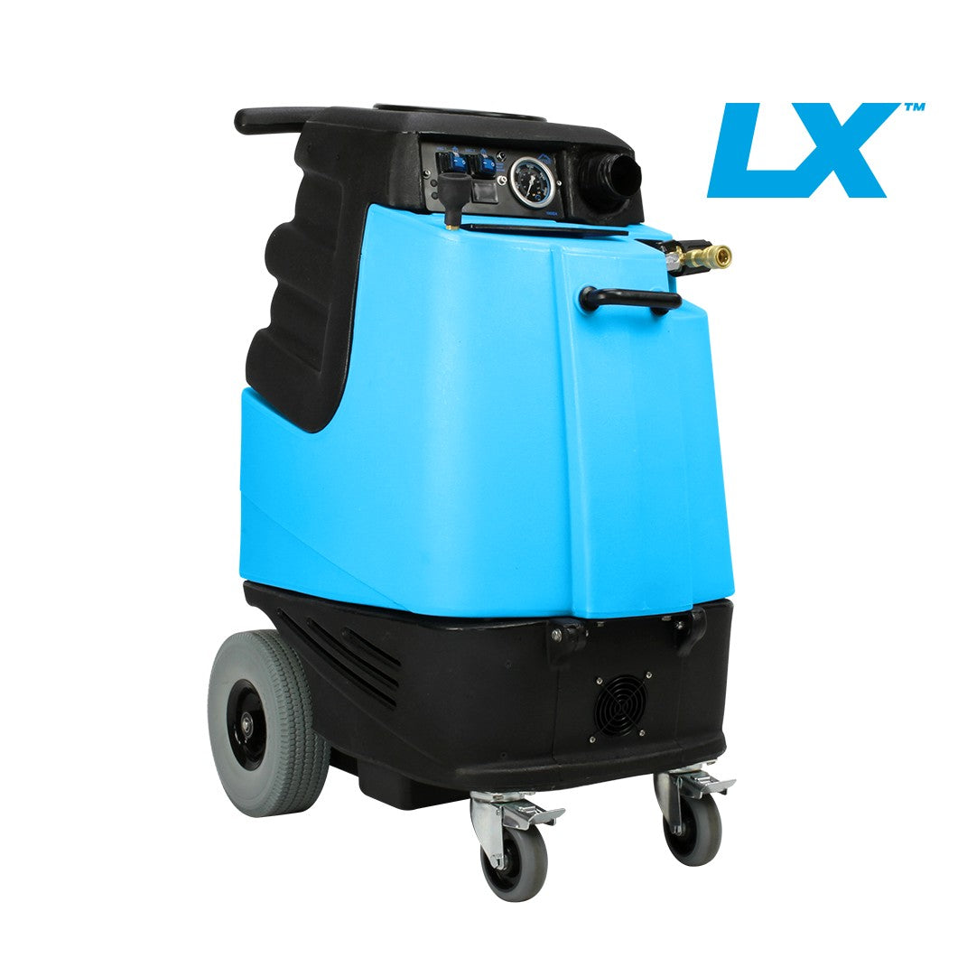 Front view of Mytee 1005LX Speedster Deluxe Carpet Extractor highlighting dual high-efficiency vacuums for professional carpet cleaning