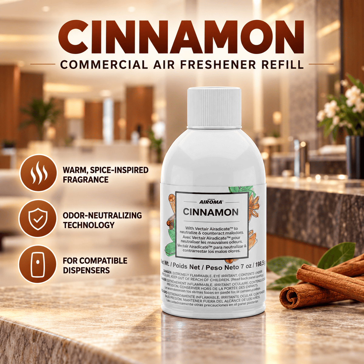 Vectair Systems Airoma 3000 Cinnamon commercial air freshener refill bottle with cinnamon sticks.
