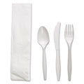 Four-Piece Cutlery Kit, Fork/Knife/Napkin/Teaspoon, White, Polypropylene, 250/Carton