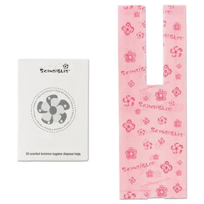 Hospeco Scensibles 50-Count 3 3/8" x 2" x 9 3/4" Scented Sanitary Napkin Disposable Bags (#HOSSBX50) - Janitorial Superstore