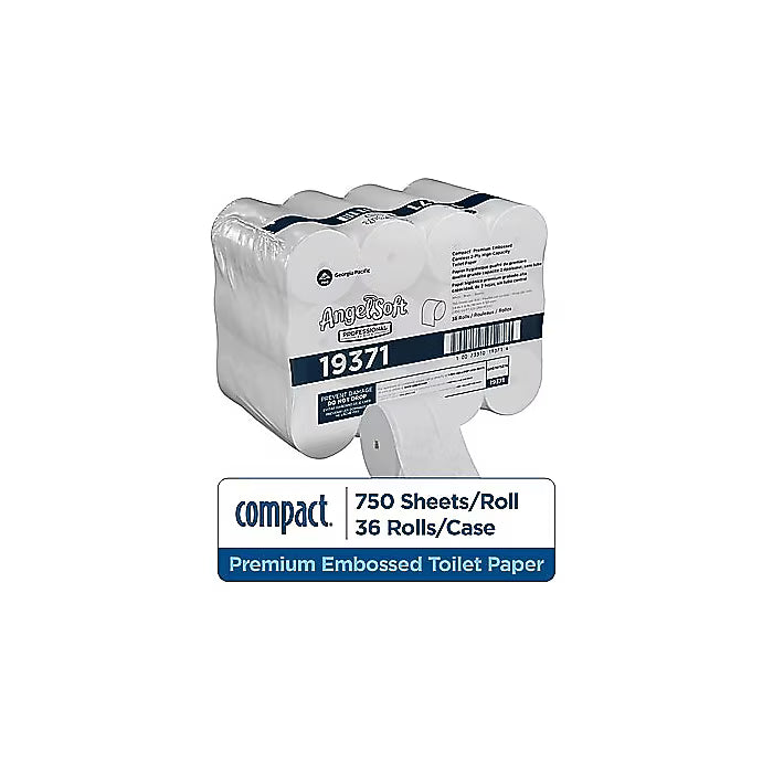 Angel Soft Professional Series Compact Premium Embossed Coreless 2-Ply High-Capacity Toilet Paper by GP PRO, White, 19371, 750 Sheets Per Roll, 366 Rolls Per Case