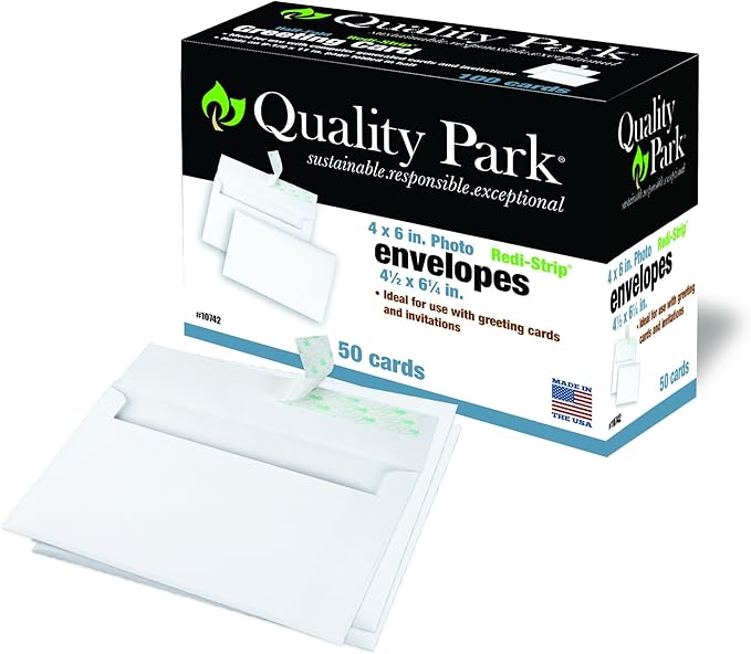 Quality Park 4x6 Photo Envelopes, Redi Strip, 4.5" x 6.25", 24 lb, White Wove, Box of 50 (10742)