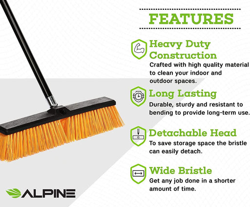 Alpine Heavy Duty 18'' Push Broom for Floor Cleaning Stiff Bristle Brush - Janitorial Superstore