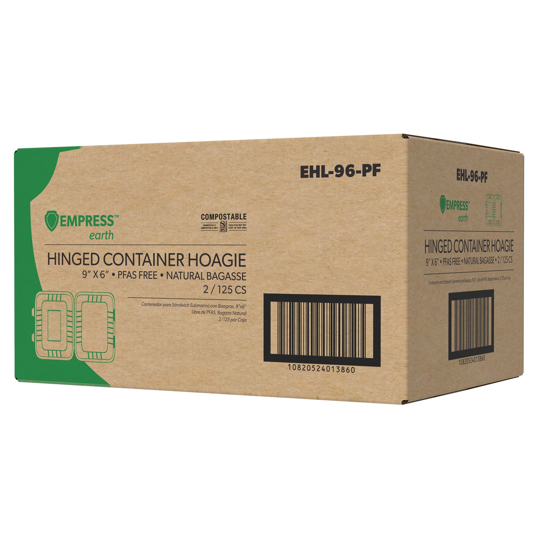 Empress Earth Hinged Container Molded Fiber 9"x6"Hoagie Natural White PFAS Free 2 / 125 cs ( EHL-96-PF)
