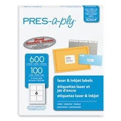 Labels, Laser Printers, 3.33 x 4, White, 6/Sheet, 100 Sheets/Box AVE30604