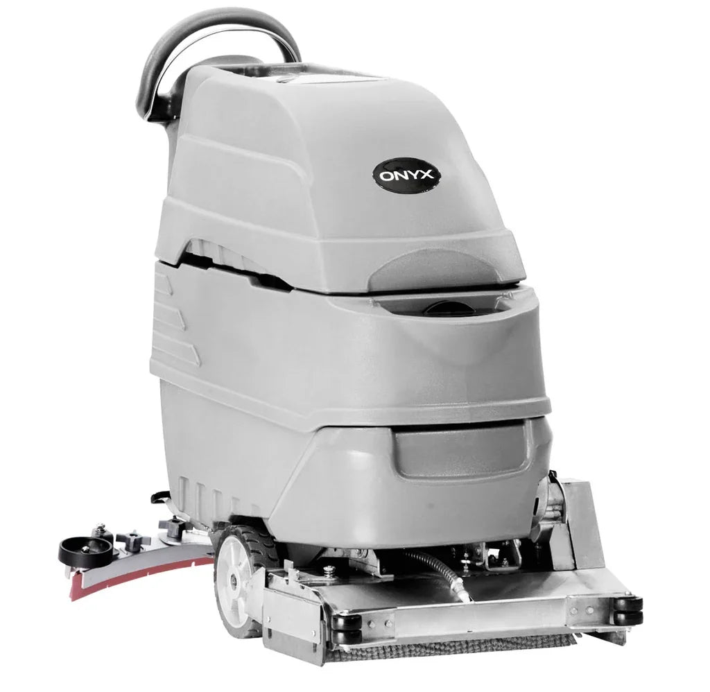 Side view showing dual 20" cylindrical brushes and dust hopper