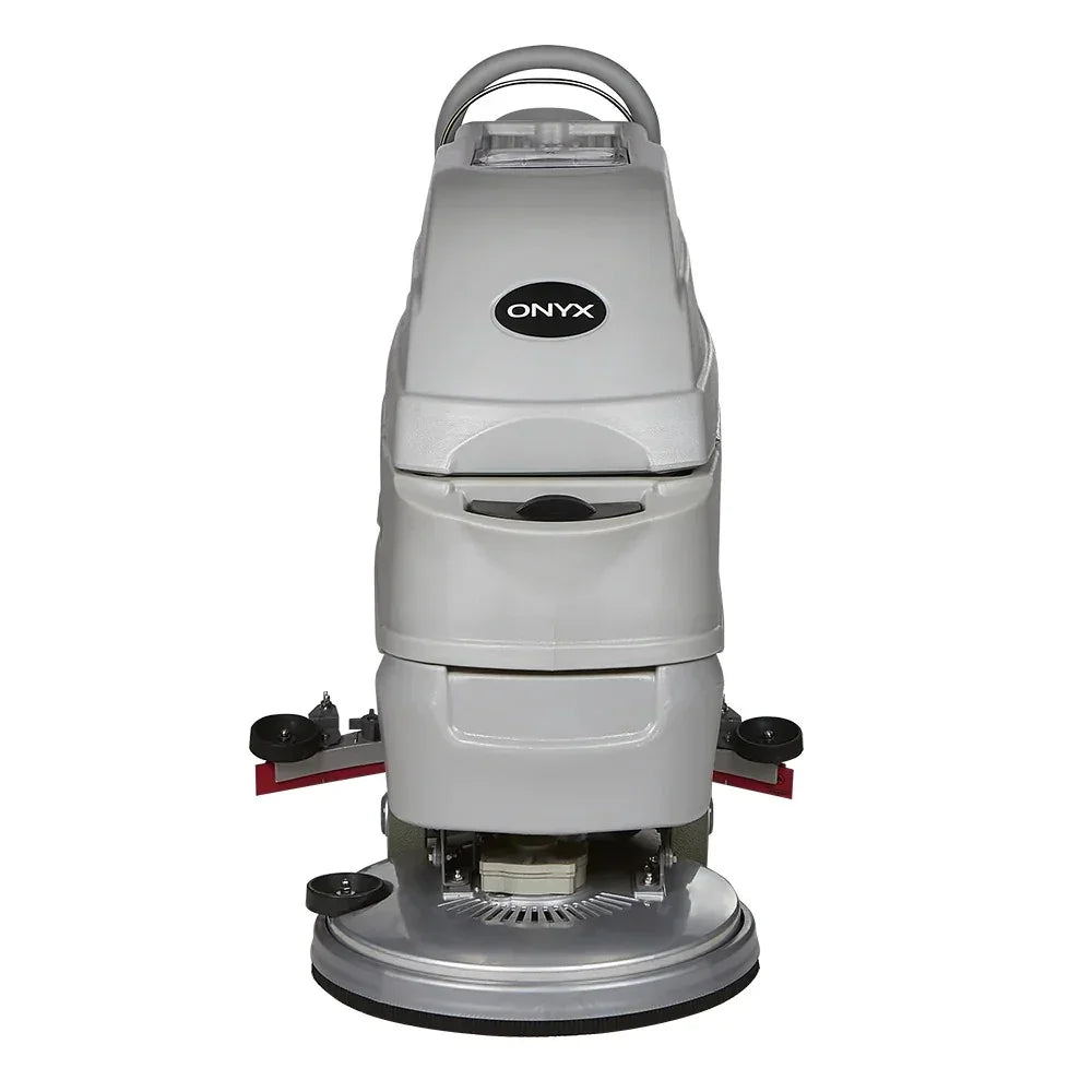 Back view showing dual cylindrical brushes and dust hopper