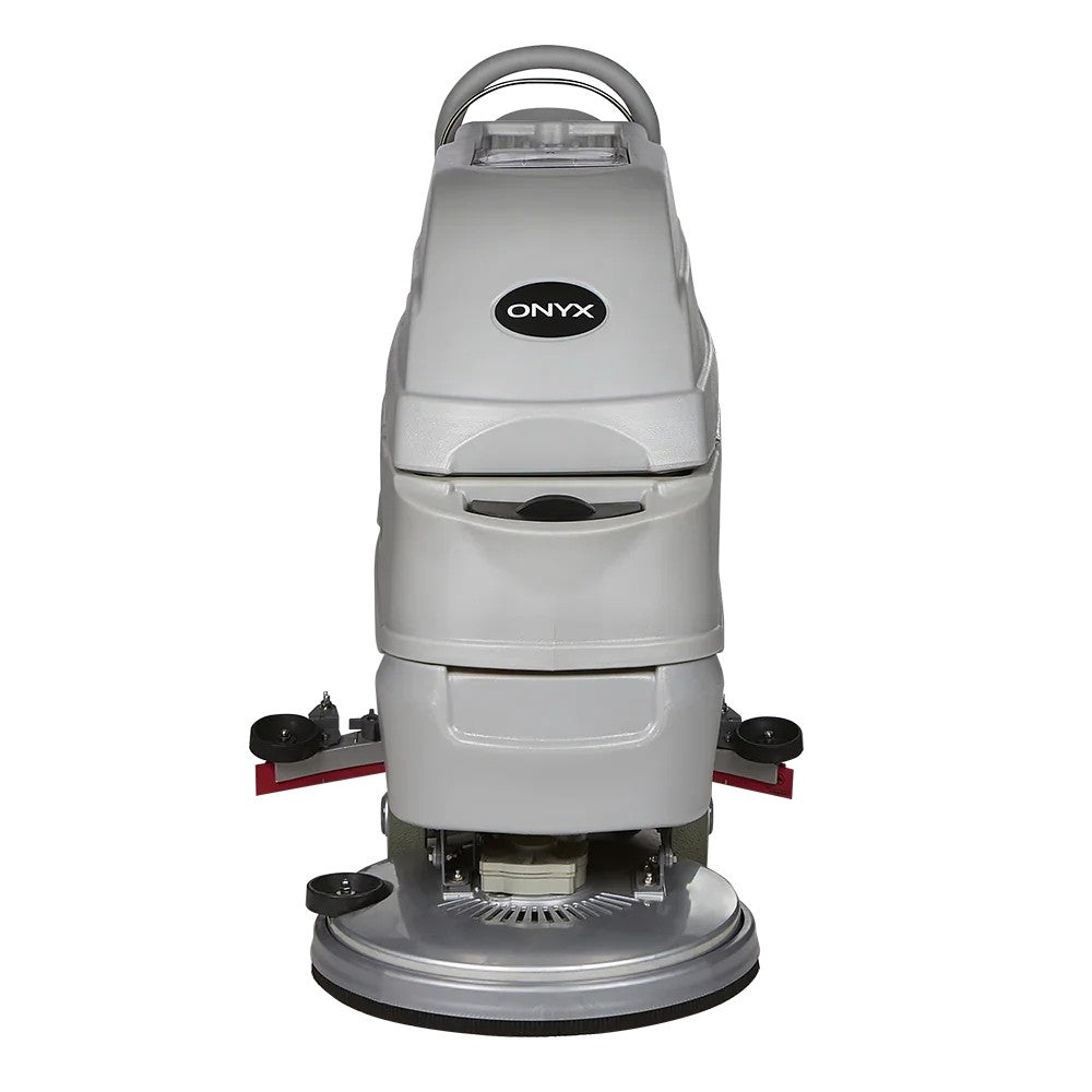 Back view showing dual cylindrical brushes and dust hopper