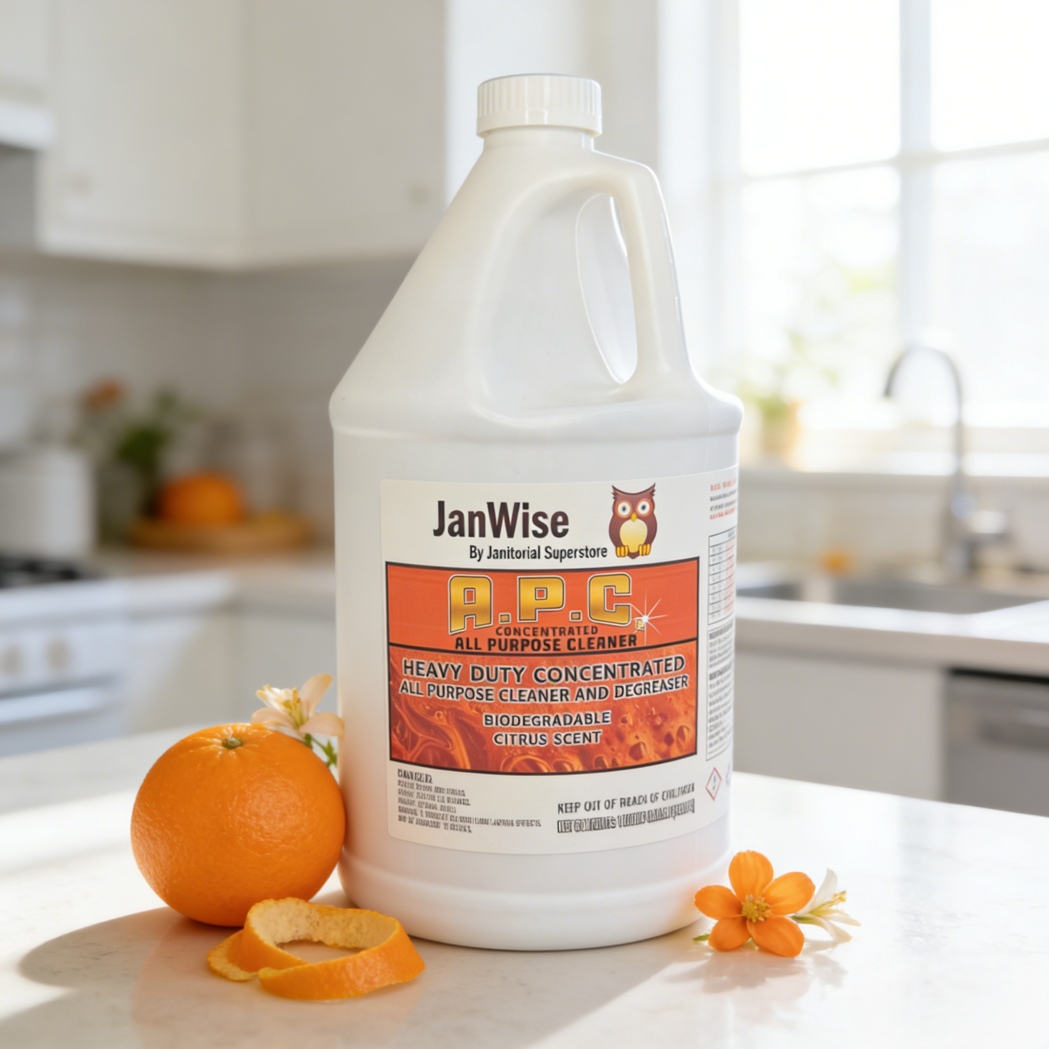 Heavy-duty concentrated all-purpose cleaner with citrus scent, biodegradable, on kitchen counter with orange