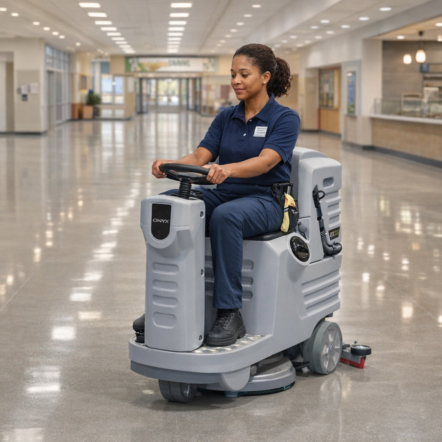 ONYX RX20 autoscrubber scrubbing concrete floor surface