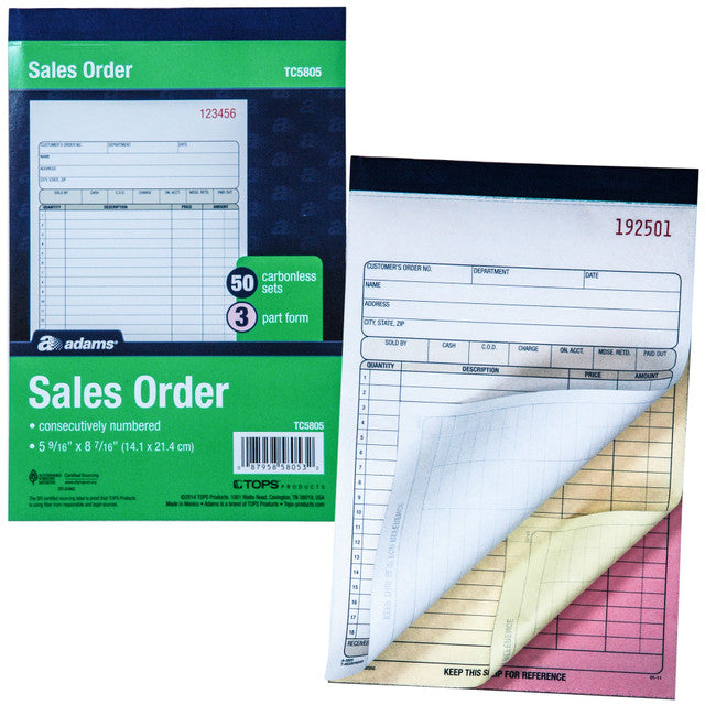 Adams Tops TC5805 Sales Order Book, 3-Part, 50 Sets, Numbered, 5-9/16 x 8-7/16"