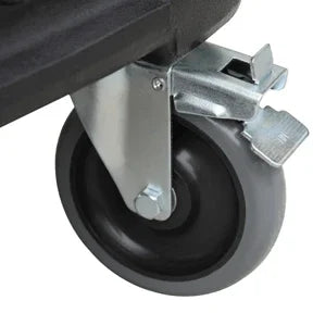 Close-up of caster wheels on Mytee Speedster Deluxe 1001DX-200 heated carpet extractor for easy maneuverability