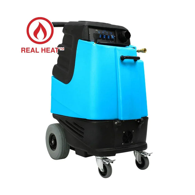 Angled side view of Mytee Speedster Deluxe 1001DX-200 heated carpet extractor showing dual motors and handle