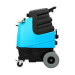 Side view of Mytee Speedster Deluxe 1001DX-200 heated carpet extractor with attached hose and upholstery tool