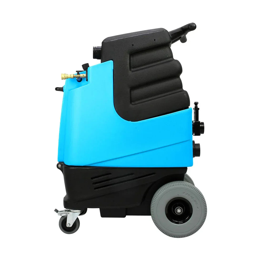 Side view of Mytee Speedster Deluxe 1001DX-200 heated carpet extractor with attached hose and upholstery tool