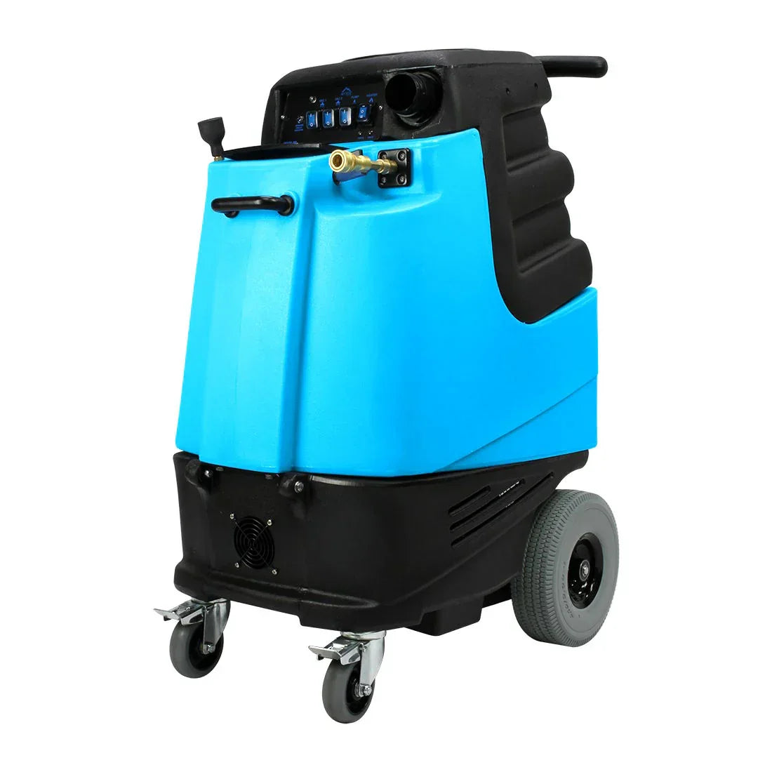 Diagonal side perspective of Mytee 1001DX-200 Speedster deluxe heated carpet extractor highlighting tank and controls