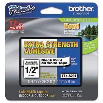 Brother P-Touch® TZe Extra-Strength Adhesive Laminated Labeling Tape, 1/2w, Black on White - Janitorial Superstore