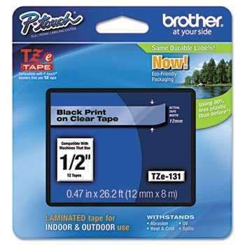 Brother P-Touch® TZe Standard Adhesive Laminated Labeling Tape, 1/2w, Black on Clear - Janitorial Superstore