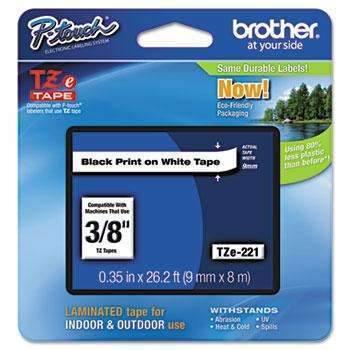 Brother P-Touch® TZe Standard Adhesive Laminated Labeling Tape, 3/8w, Black on White - Janitorial Superstore