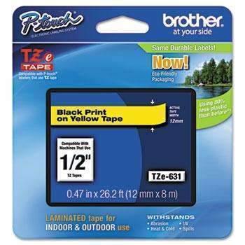 Brother P-Touch® TZe Standard Adhesive Laminated Labeling Tape, 1/2w, Black on Yellow - Janitorial Superstore