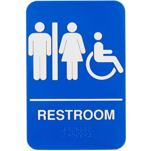 ADA Handicap Accessible Women's / Men's Restroom Sign with Braille - Blue and White, 9" x 6" - Janitorial Superstore