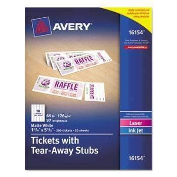 Avery® Printable Tickets w/Tear-Away Stubs, 8 1/2 x 11, White, 10/Sheet, 20Sheets/Pack - Janitorial Superstore