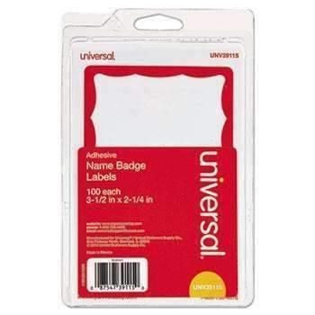 Universal® Border-Style Self-Adhesive Name Badges, 3 1/2 x 2 1/4, White/Red, 100/Pack - Janitorial Superstore