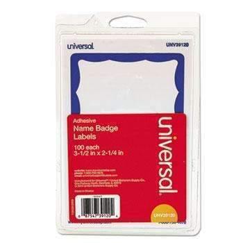 Universal® Border-Style Self-Adhesive Name Badges, 3 1/2 x 2 1/4, White/Blue, 100/Pack - Janitorial Superstore