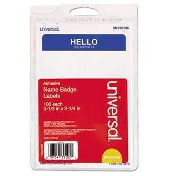 Universal® "Hello" Self-Adhesive Name Badges, 3 1/2 x 2 1/4, White/Blue, 100/Pack - Janitorial Superstore
