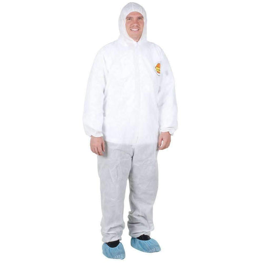 Premium White Disposable Polypropylene Coveralls with Hood - Large - Janitorial Superstore