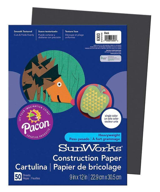 SunWorks® Construction Paper (6303), 58 lbs., 9 x 12, Black, 50 Sheets/Pack - Janitorial Superstore