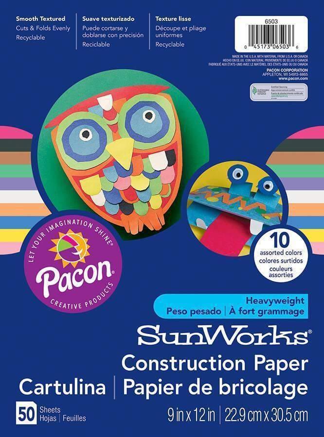 Construction Paper (6503), 58 lbs., 9 x 12, Assorted, 50 Sheets/Pack - Janitorial Superstore