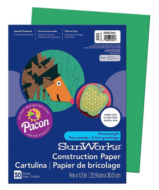 SunWorks® Construction Paper (8003), 58 lbs., 9 x 12, Holiday Green, 50 Sheets/Pack - Janitorial Superstore