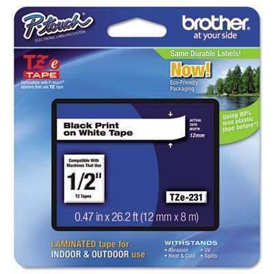 Brother P-Touch® TZe Standard Adhesive Laminated Labeling Tape, 1/2"w, Black on White - Janitorial Superstore