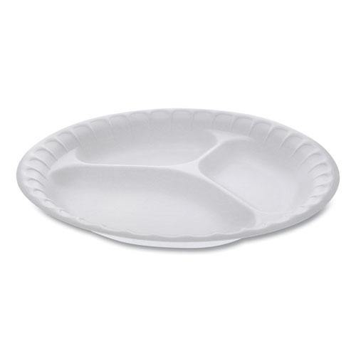 Pactiv Unlaminated Foam Dinnerware, 3-compartment Plate, 9" Diameter, White, 500-carton - Janitorial Superstore