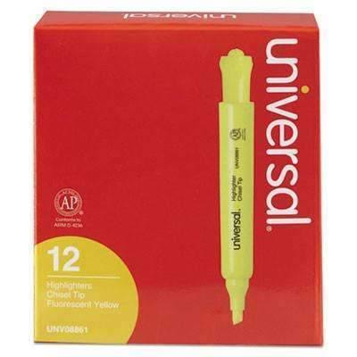 Universal® Desk Highlighter, Chisel Tip, Fluorescent Yellow, Dozen - Janitorial Superstore