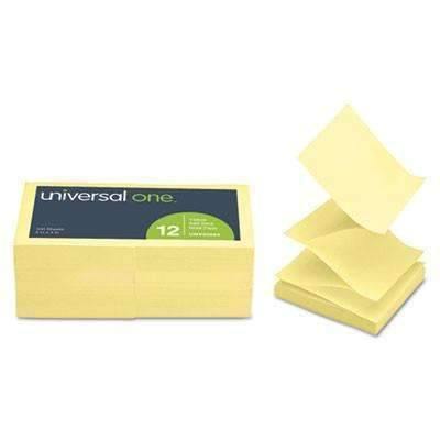 Universal® Fan-Folded Self-Stick Pop-Up Note Pads, 3 x 3, Yellow, 100-Sheet, 12/Pack - Janitorial Superstore
