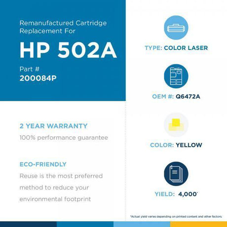 JSS Remanufactured Yellow Toner Cartridge for HP Q6472A (HP 502A) - Janitorial Superstore