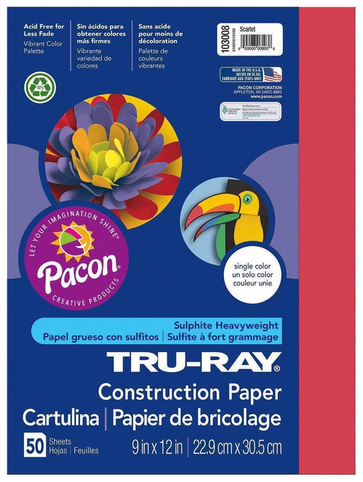 Pacon Tru-Ray Construction Paper (103008), 76 lbs., 9 x 12, Scarlet, 50 Sheets/Pack - Janitorial Superstore