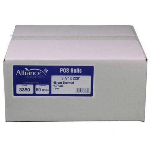 Alliance Thermal Paper Receipt Rolls 3-1/8" x 220' Thermal Register Tape 50 rolls/cs (3380) - Janitorial Superstore